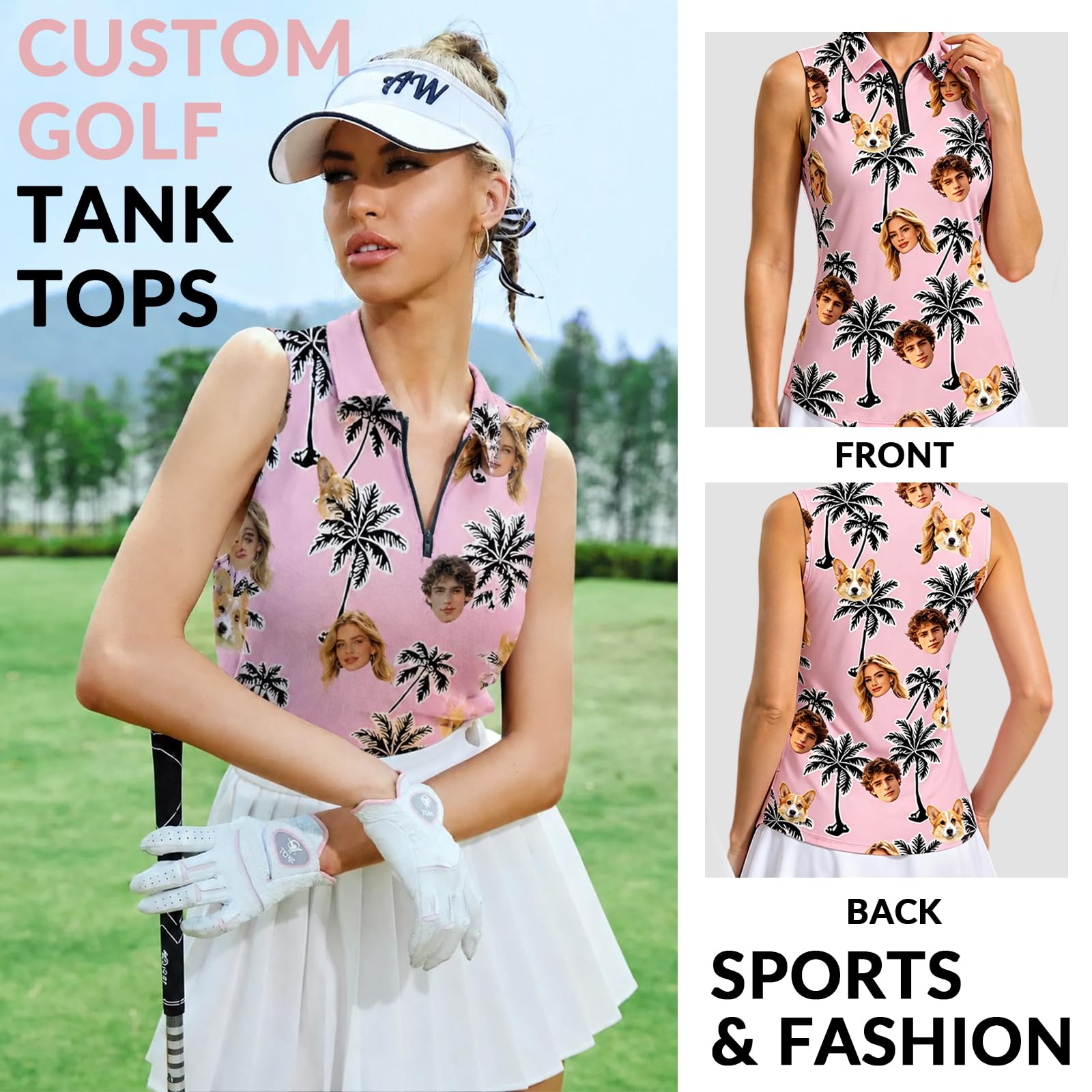 Polo sans Manches personnalisé pour Femme et Homme, Impression Photo de Visage, Hawaïen débardeur Sport pour Golf, Tennis, Running, randonnée