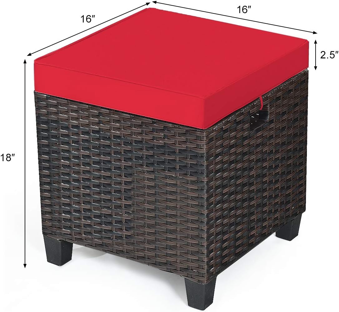 2PCS Patio Outdoor Ottomans, Rattan Wicker Ottoman Seat w/Removable Cushions, Rattan Footstool Footrest Seat Set, Patio Wicker Furniture Small Chair for Home,Patio, Garden, Backyard (Red)
