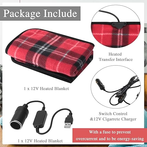 Miniatura 3 de Tuanse Manta eléctrica para automóvil de 12 V, 16 x 16 pulgadas, manta de forro polar con controlador de temperatura, adaptador USB, adaptador de