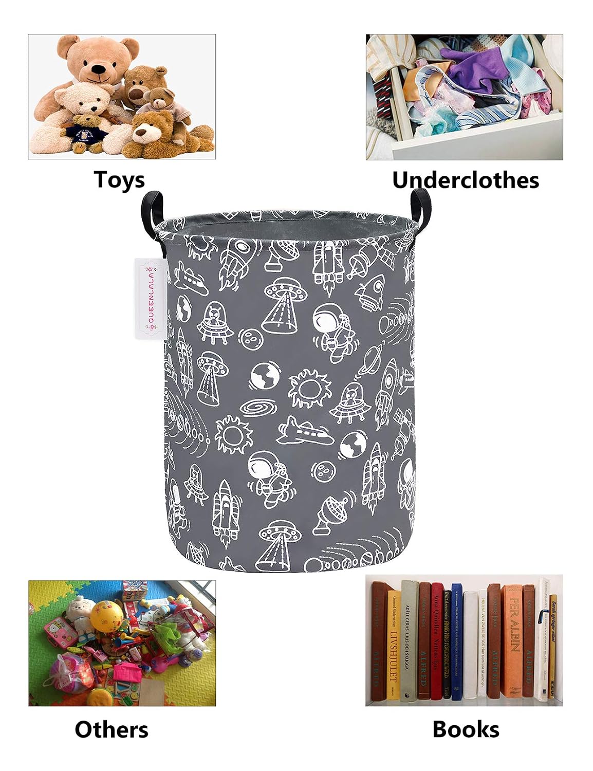 QUEENLALA Large Storage Basket,Laundry Hamper/Bathroom/Home Decor/Collapsible Round Storage Bin,Boys and Girls Hamper/Boxes/Clothing(Round-Grey space exploration)