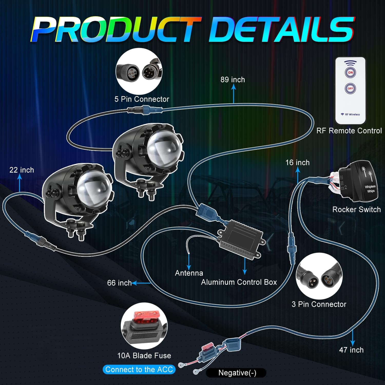 Whipless LED Whip Lights for Side by Side, Niwaker RGB LED Whip Light Kits with Switch & RF Remote LED Antenna Whipless RGB Whips Lights for UTV ATV RZR Truck Off Road Polaris Can Am Golf Cart Boat