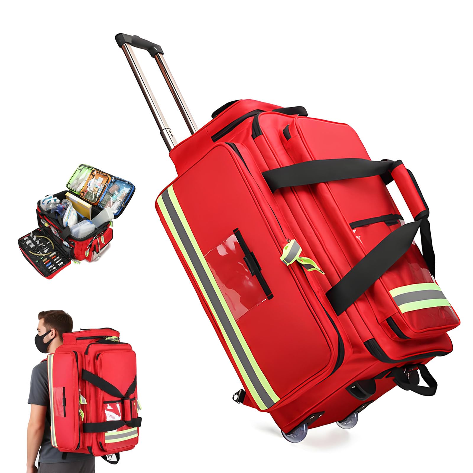ROGHA First Responder Bag with Wheels,Portable Storage Bag Tote(Empty),Nurse Rolling Bag Emergency,for EMS,Police,Firefighters,Home Health Nurses,Doctors Red