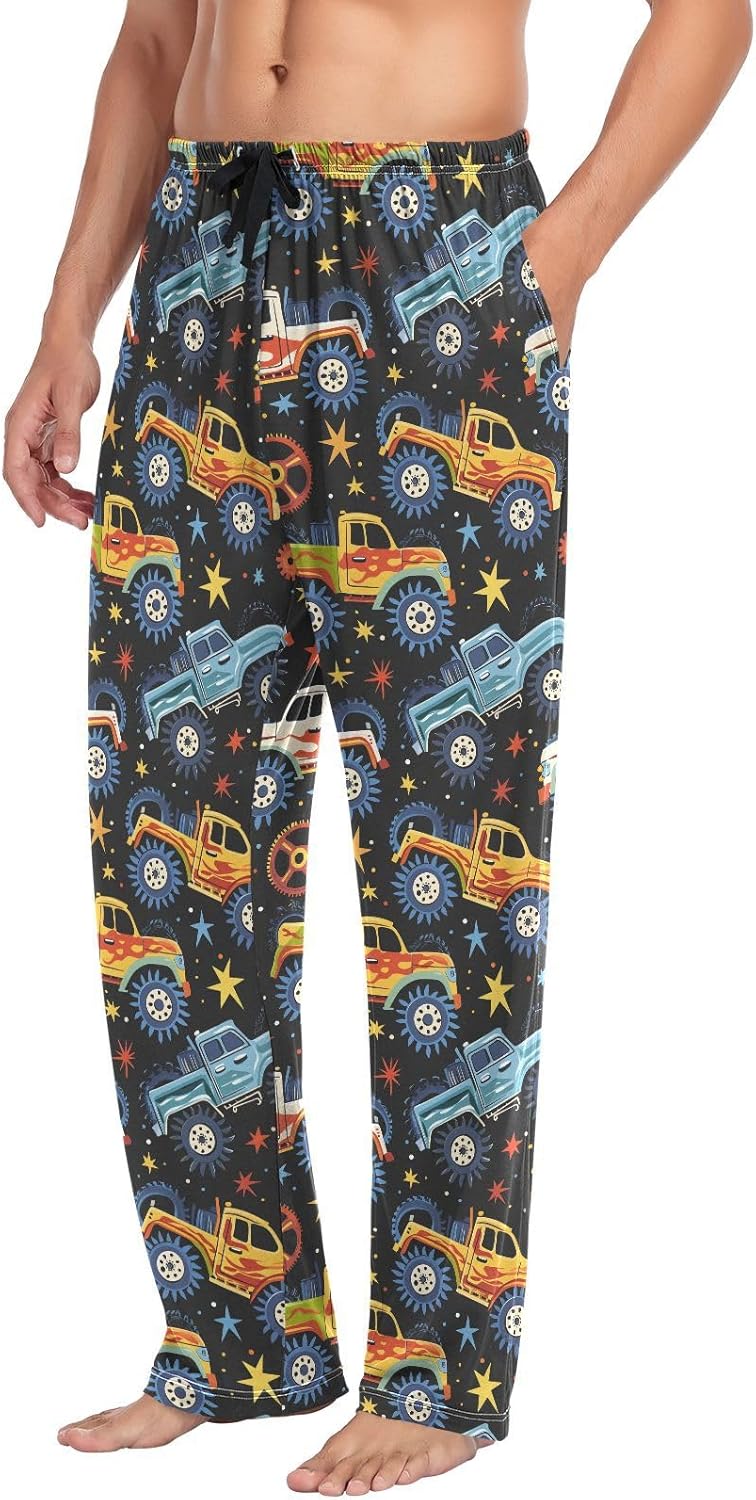 ALAZA Monster Truck Stars Men's Sleepwear Mens Pajama Pants Bottoms with Pockets, S