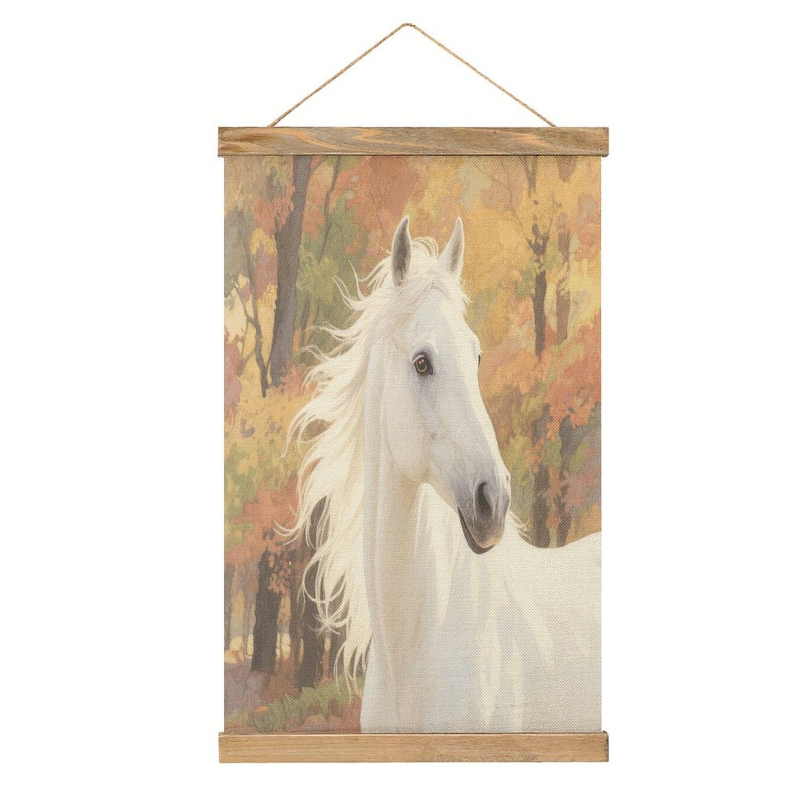 VstaDank Watercolor White Horse Hanging Poster with Wooden Frame Modern Linen Hanging Painting Retro Style Wall Decor Art Painting for Living Room,Bedroom Decor Poster Frame 20.4x13.1inch