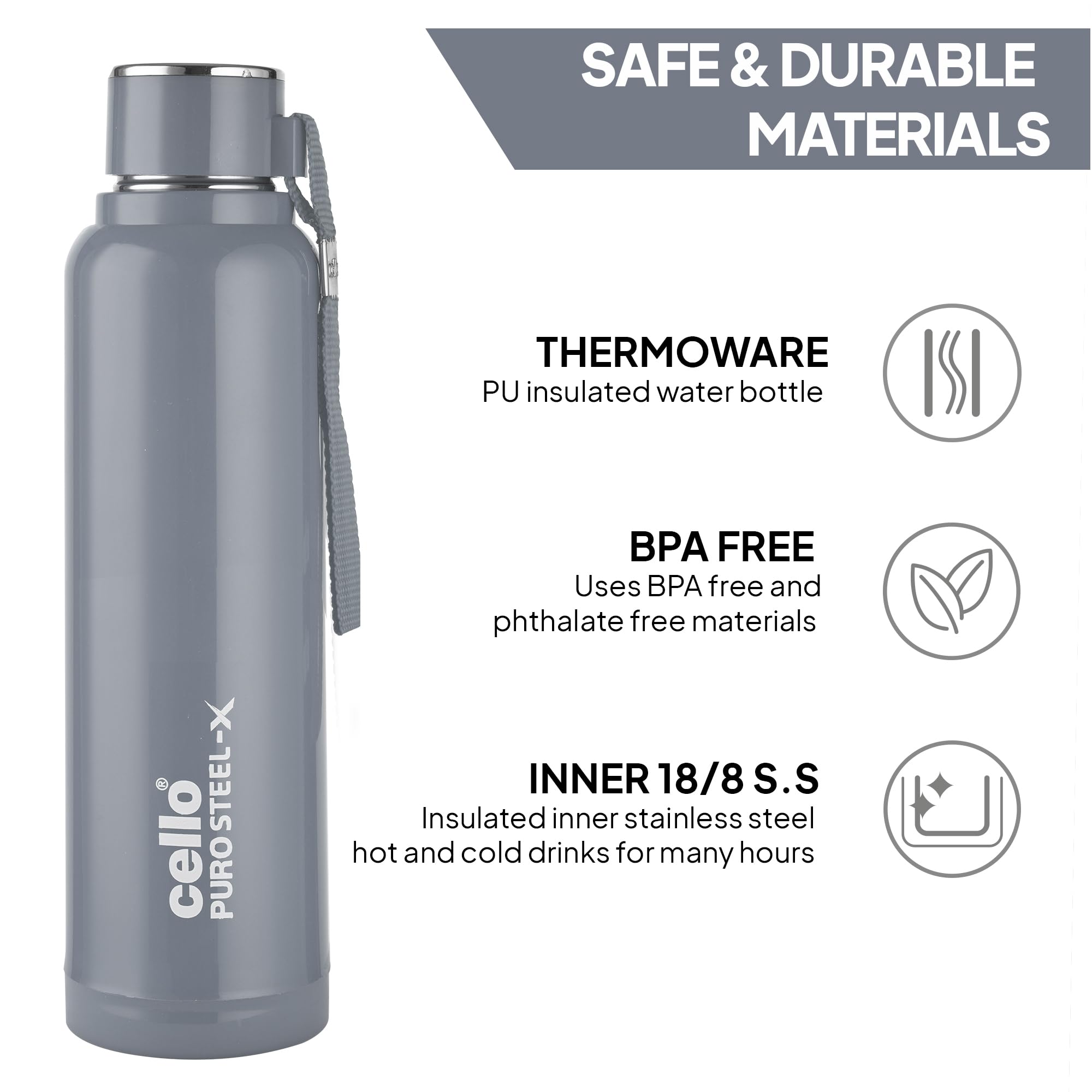 Cello Puro Steel-X Benz 900 PU Insulated Water Bottle 900 ml, Grey | BPA Free, Leakproof, ISI Certified |Hot & Cold Bottle for Gym, Office, College, Travel, Camping, Indoor & Outdoor Sports & Yoga 1