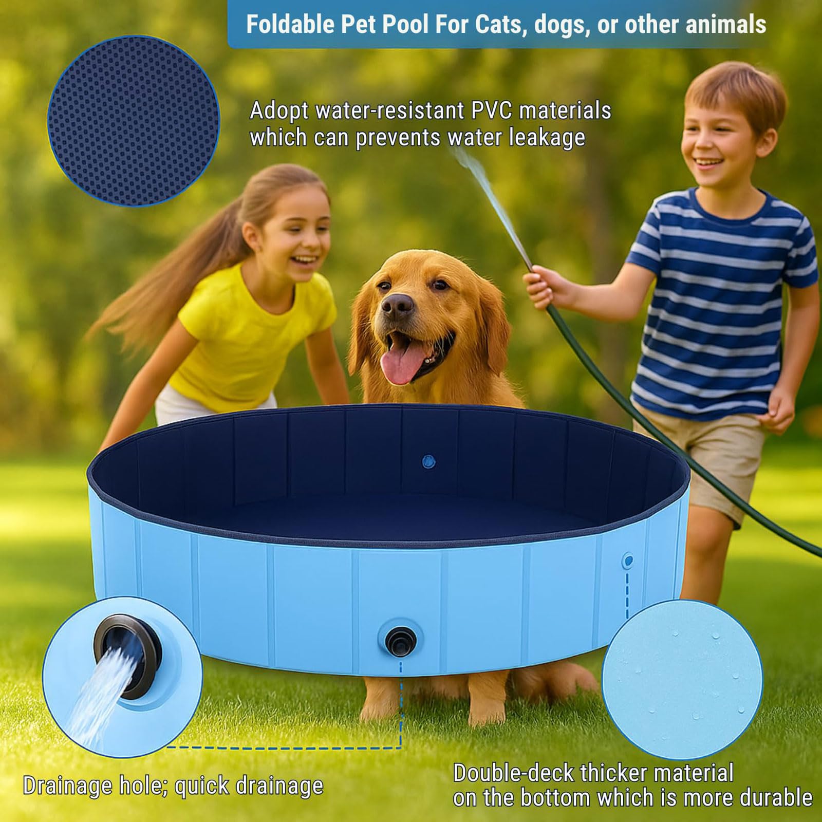 Piscina per Cani Piscina Pieghevole Non Gonfiabile in PVC Vasca Portatile Interattiva con Scarico Grande Vasca Rigida e Rotonda per Cani Gatti Cuccioli Animali 160 * 30CM