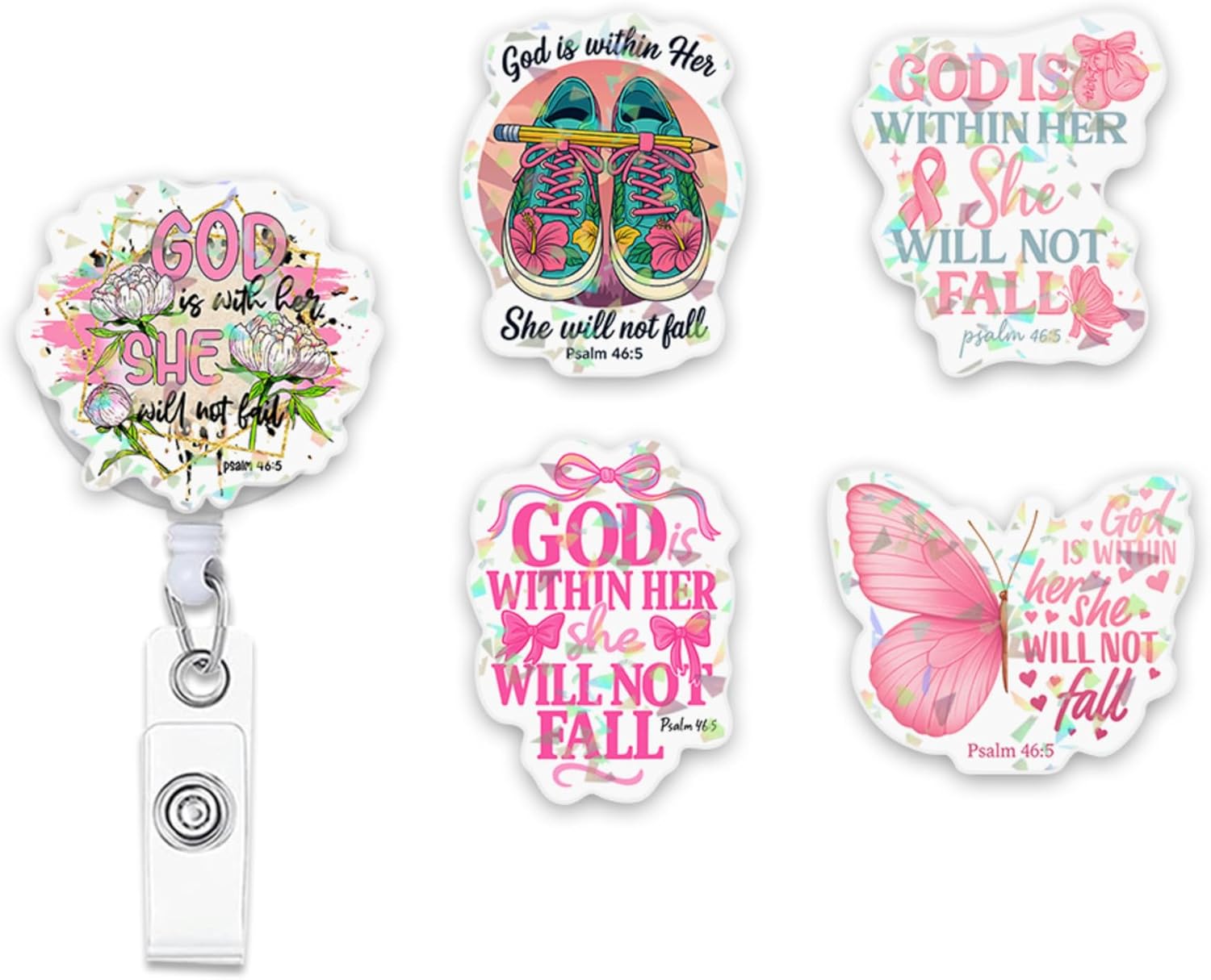 (5Pcs) Psalms 46 5 God is Within Her She Will Not Fall Holographic Christian Badge Reels, Inspirational ID Badge Holder Retractable Clip for Nurse Teacher Students Office Worker