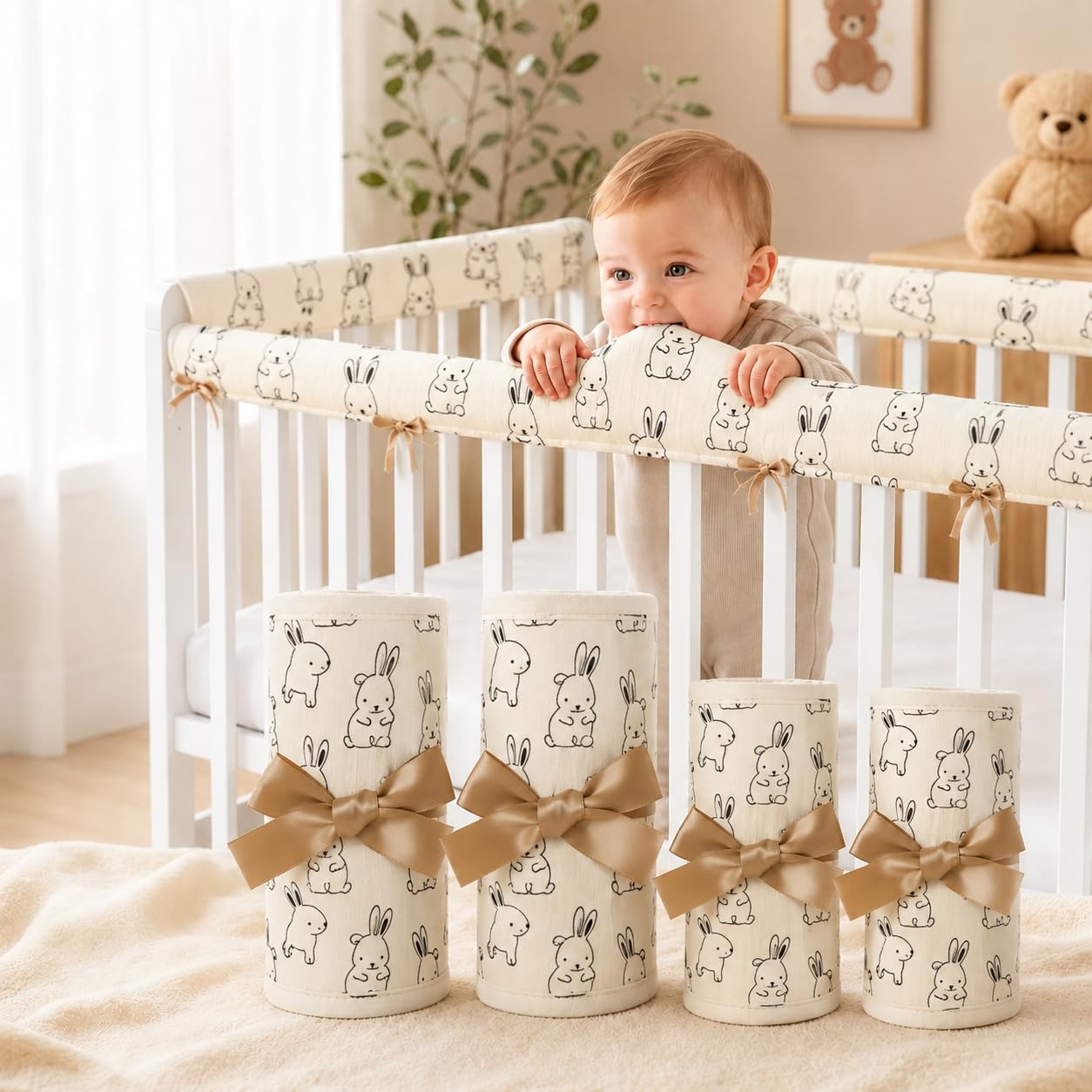 4PCS Crib Rail Teething Guard - Crib Rail Covers for Teething,2027 New Crib Protector for Sides,Soft CribRail Padding,Teething Pad Set for Front and Back Rails
