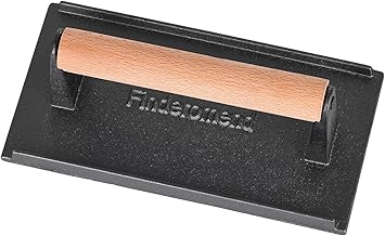 Finderomend 9 x 5 Inches Cast Iron Grill Bacon Press,Pre-Seasoned Coating,Heavy Duty Steak and Burger Press with Wooden Handle,Steak Press for Griddles,Grills Bacon, Paninis (1 Pack Dark Black)
