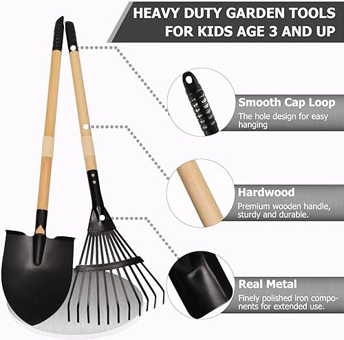 Miniatura 2 de 7 herramientas de jardinería para niños, pala larga, rastrillo para hojas, pala, azada, cabezas de acero y mango de madera real, herramientas