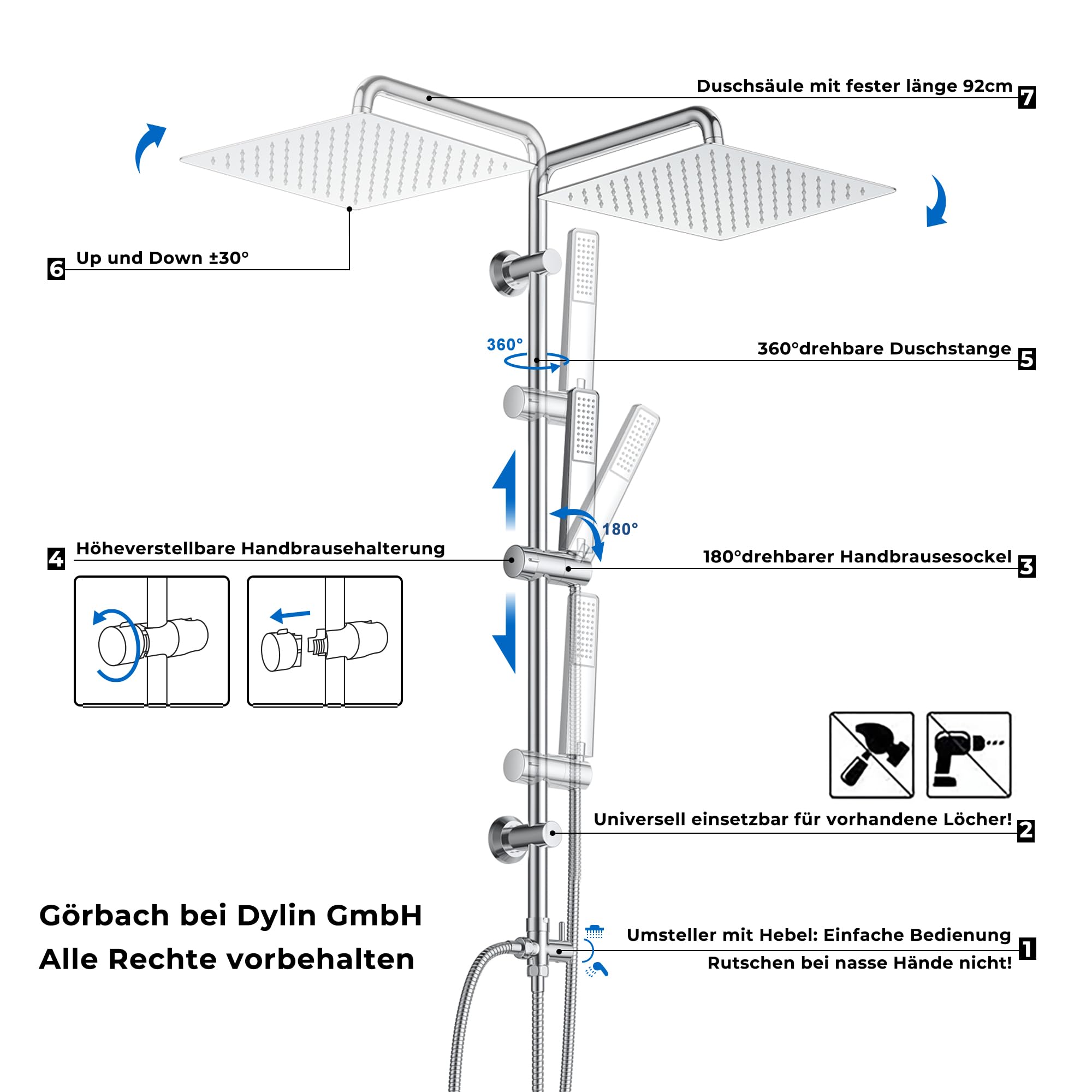 Görbach Set Doccia a Pioggia Acciaio Inox 20x20 Quadrato Soffione Doccia Doccetta a Mano