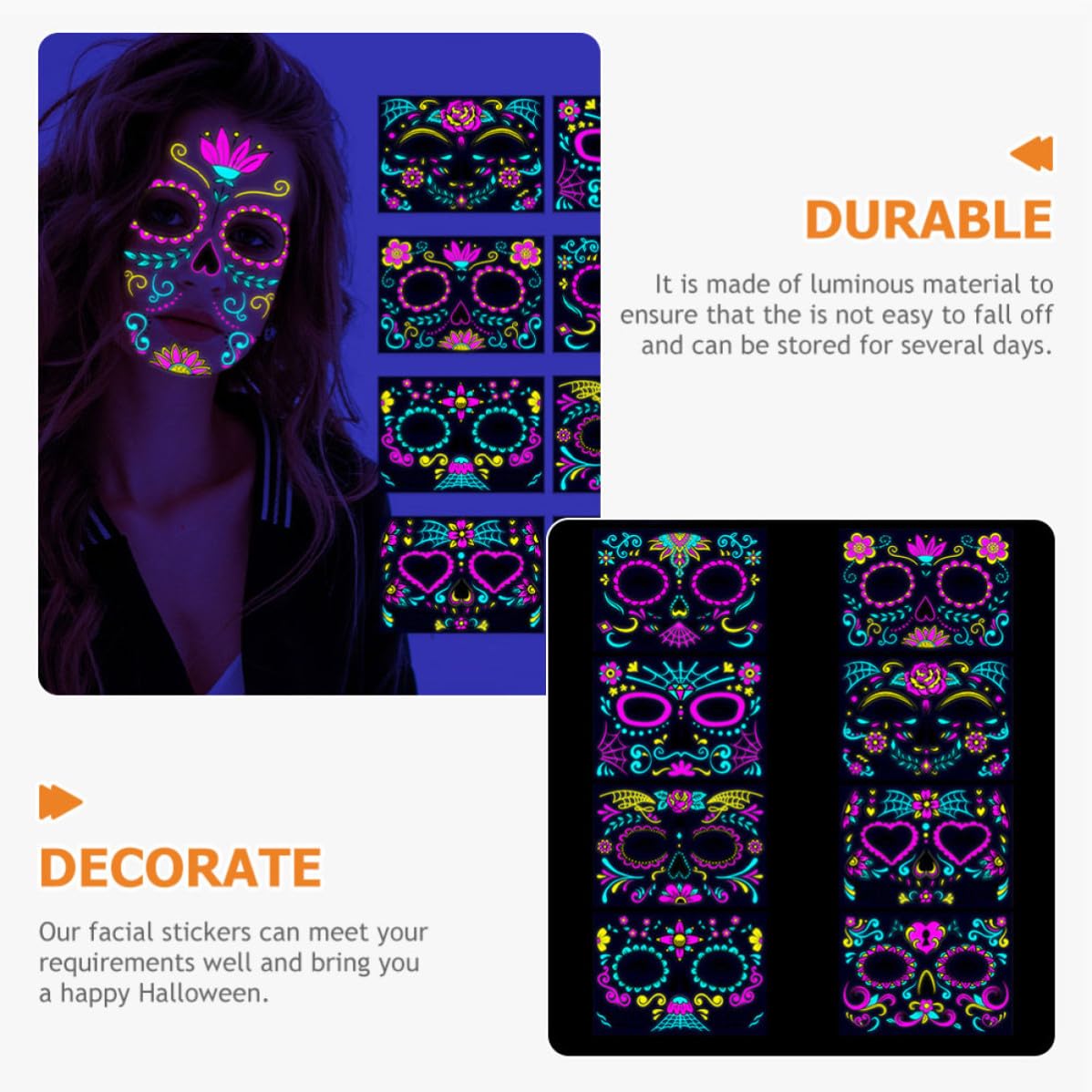 80 Fogli Adesivi Faccia Fluorescenti Halloween per Adulti, 16