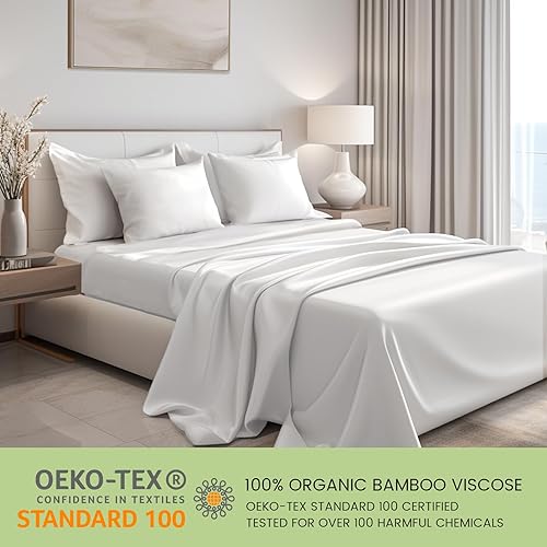 Miniatura 9 de Juego de sábanas de viscosa de bambú tamaño King, 4 piezas, 100% viscosa de bambú orgánica, percal de 400 hilos lujosamente suave, doble costura