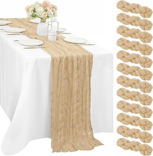 Arena - 12 piezas de 35 x 120 pulgadas de largo, tela de gasa de 10 pies, camino de mesa bohemio rústico transparente para bodas, baby shower,