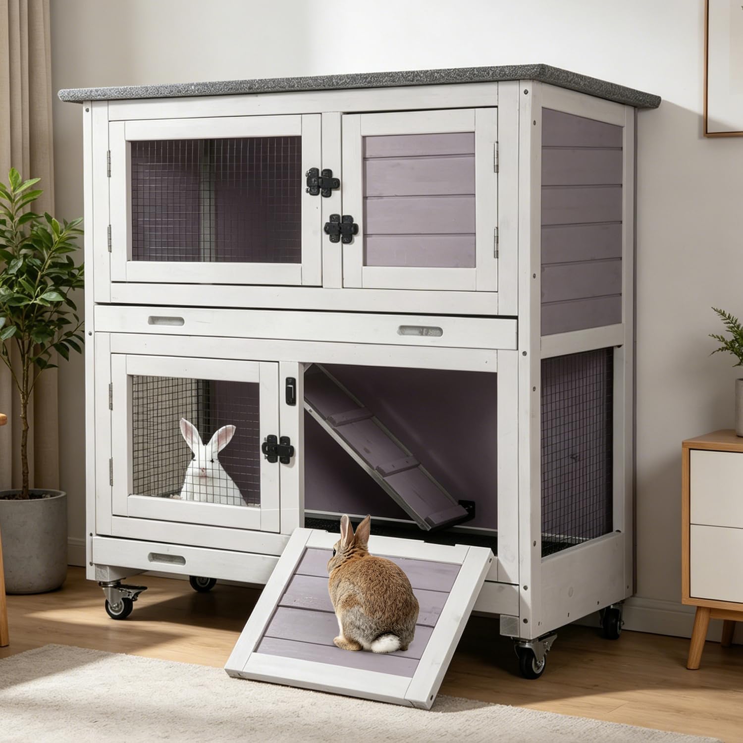 Rabbit Hutch Indoor Outdoor, Large Bunny Cage with Wheels, 2-Tier Wooden Rabbit Cage, Chew-Proof Ramp with Metal Edges, Dual Pull-Out Trays, Bunny House for Rabbits & Guinea Pigs-Grey