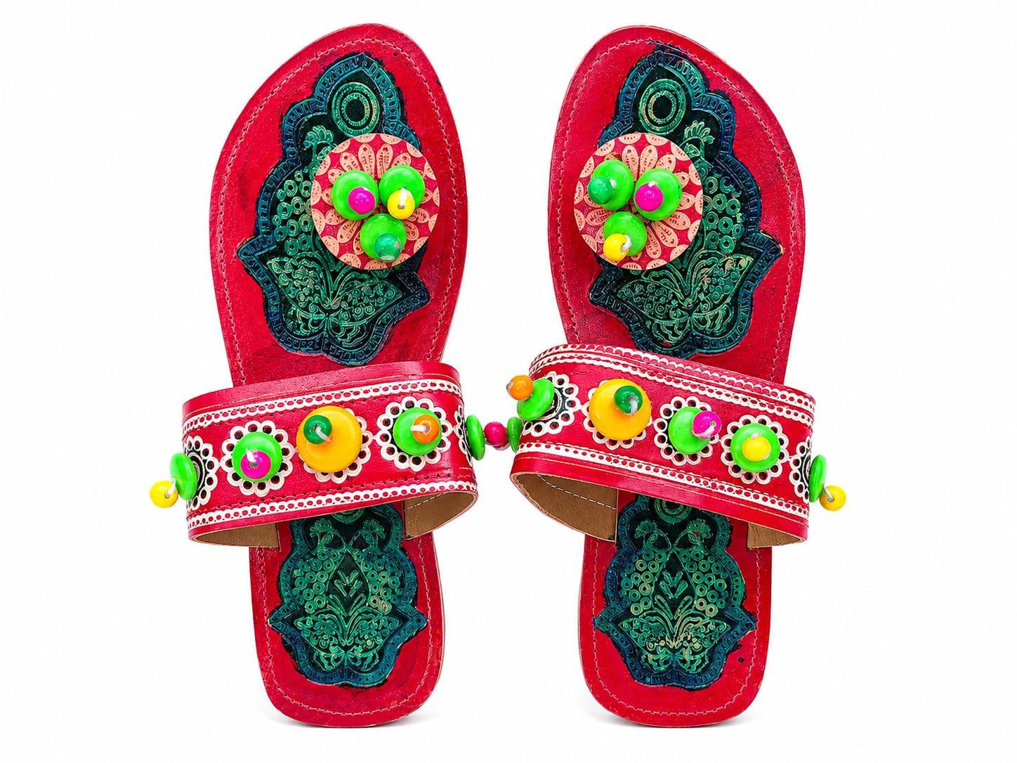Women's Traditional Kolhapuri Flats, Red, Beaded Embellished Toe Ring Sandals, Ethnic Indian Style-image-15