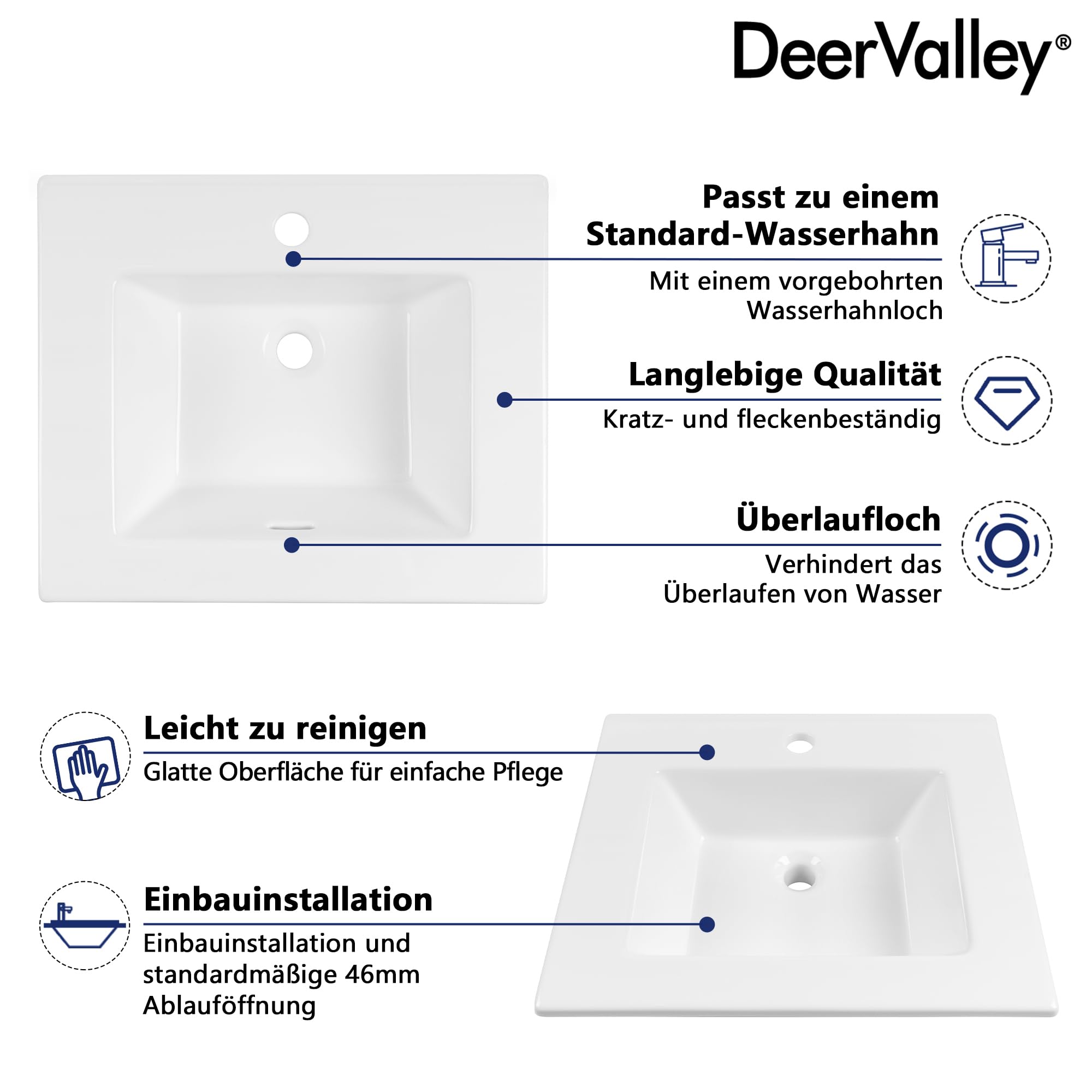 DeerValley Lavabo empotrable rectangular de cerámica con rebosadero de 53 x 46 cm
