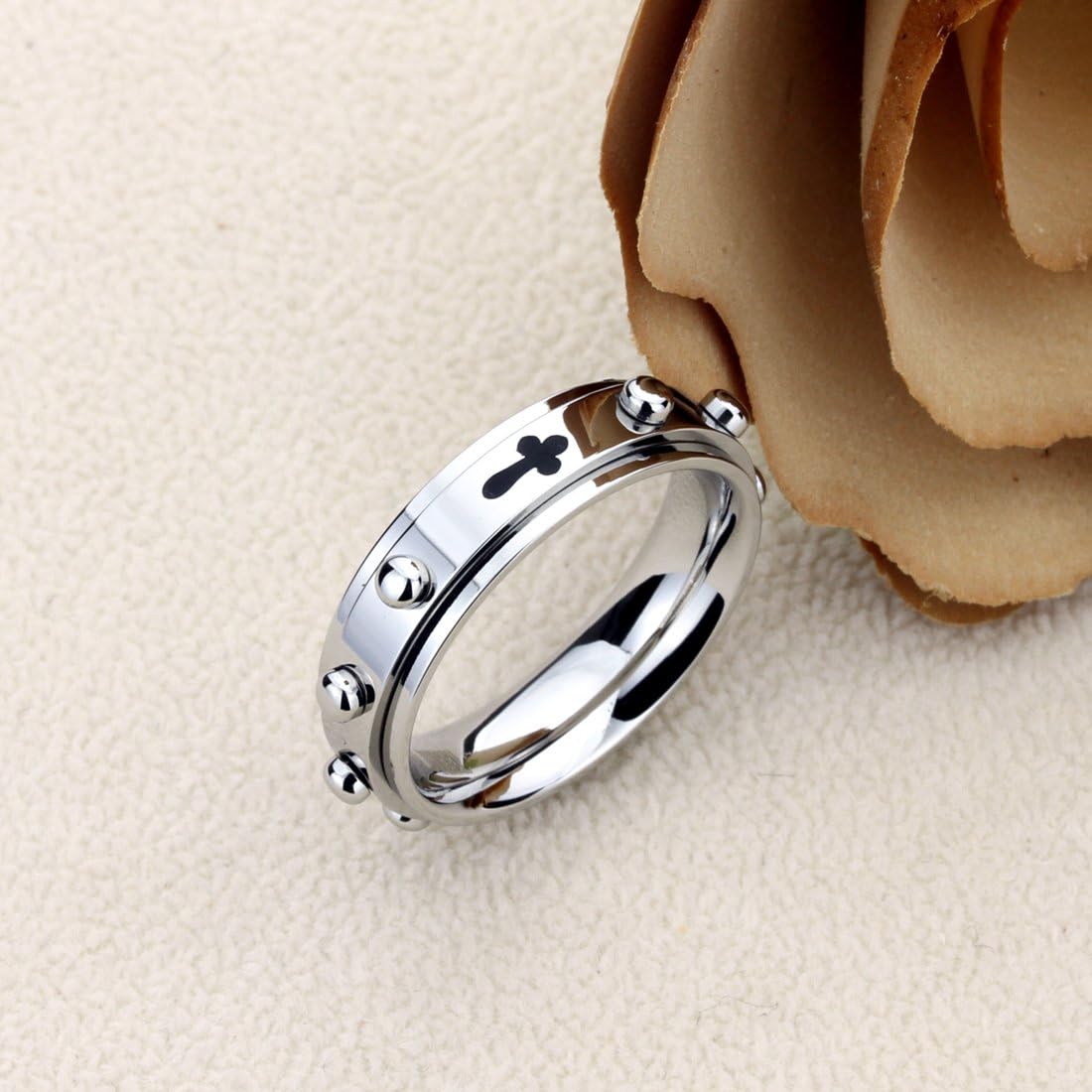 Free Engraving Personalized Stainless Steel Wedding Band Ring 6MM Cross Rosary Spinner Ring
