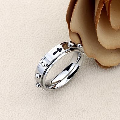 6MM Mens Womens Stainless Steel Rosary with Cross Spinner Ring Praying Wedding Bands