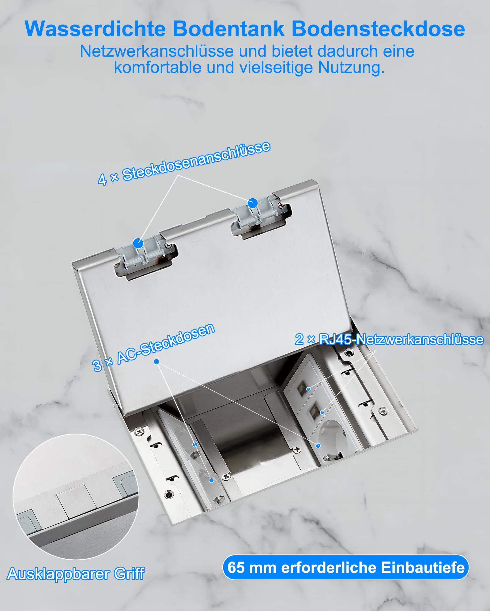 Bodentank Bodensteckdose 16A 4000W: Einbausteckdose 3 Steckdosen + 2 RJ45