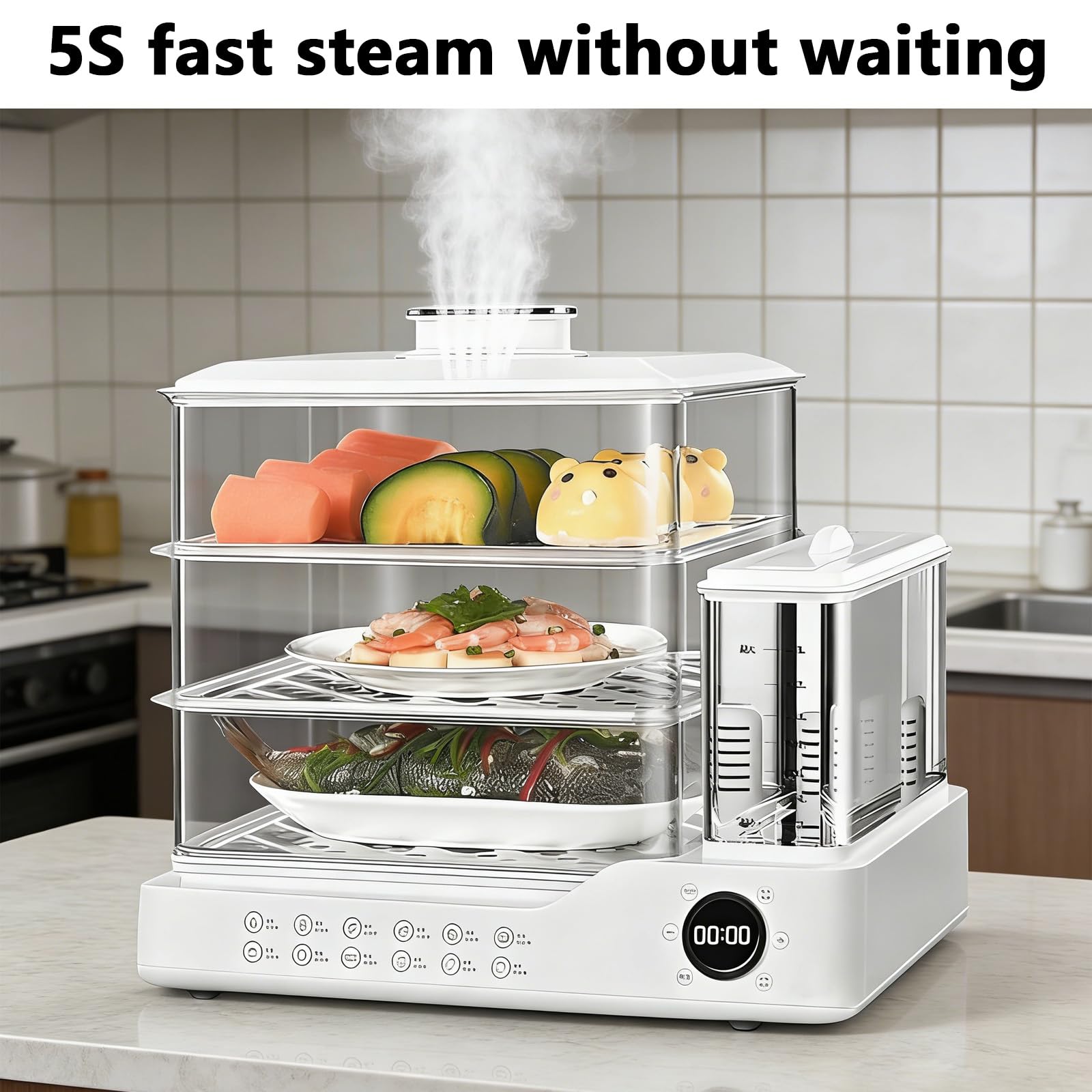 Cuisine Vapeur 24L & Rapide - 800W, 3 Étages,Vapeur en 5s, 3 Niveaux Inox, Minuteur 24H et Maintien au Chaud, Cuisson Saine et Intelligente (A)