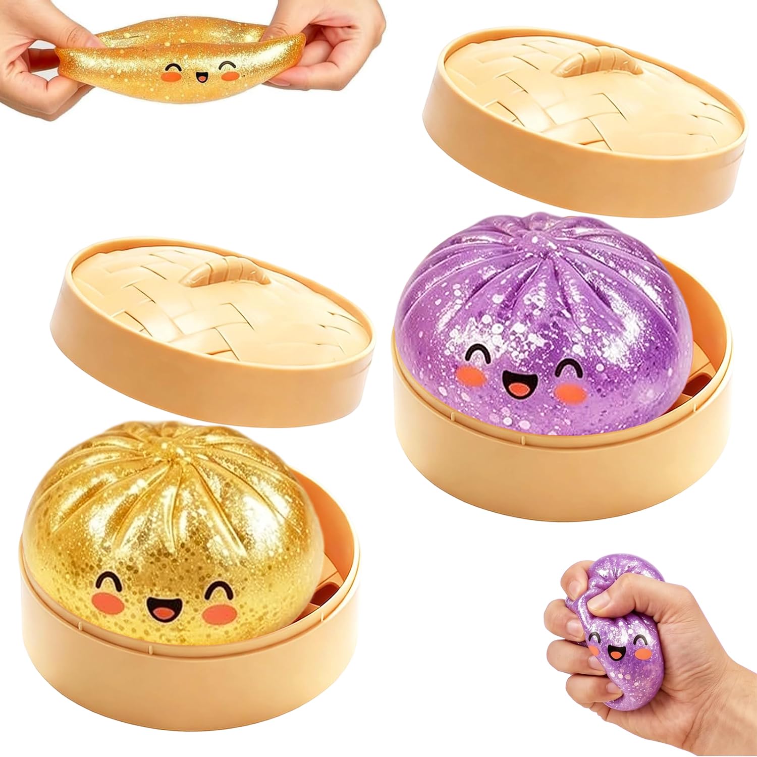Giocattoli Antistress Gnocco, 2Pezzi Glittere Dumpling Squishys, Giant Glitter Dumpling Squishy Toy, Squishys Dumpling con Vaporiera, Fidget Toys, Squishy Ravioli Giganti, Regalo per Adulti