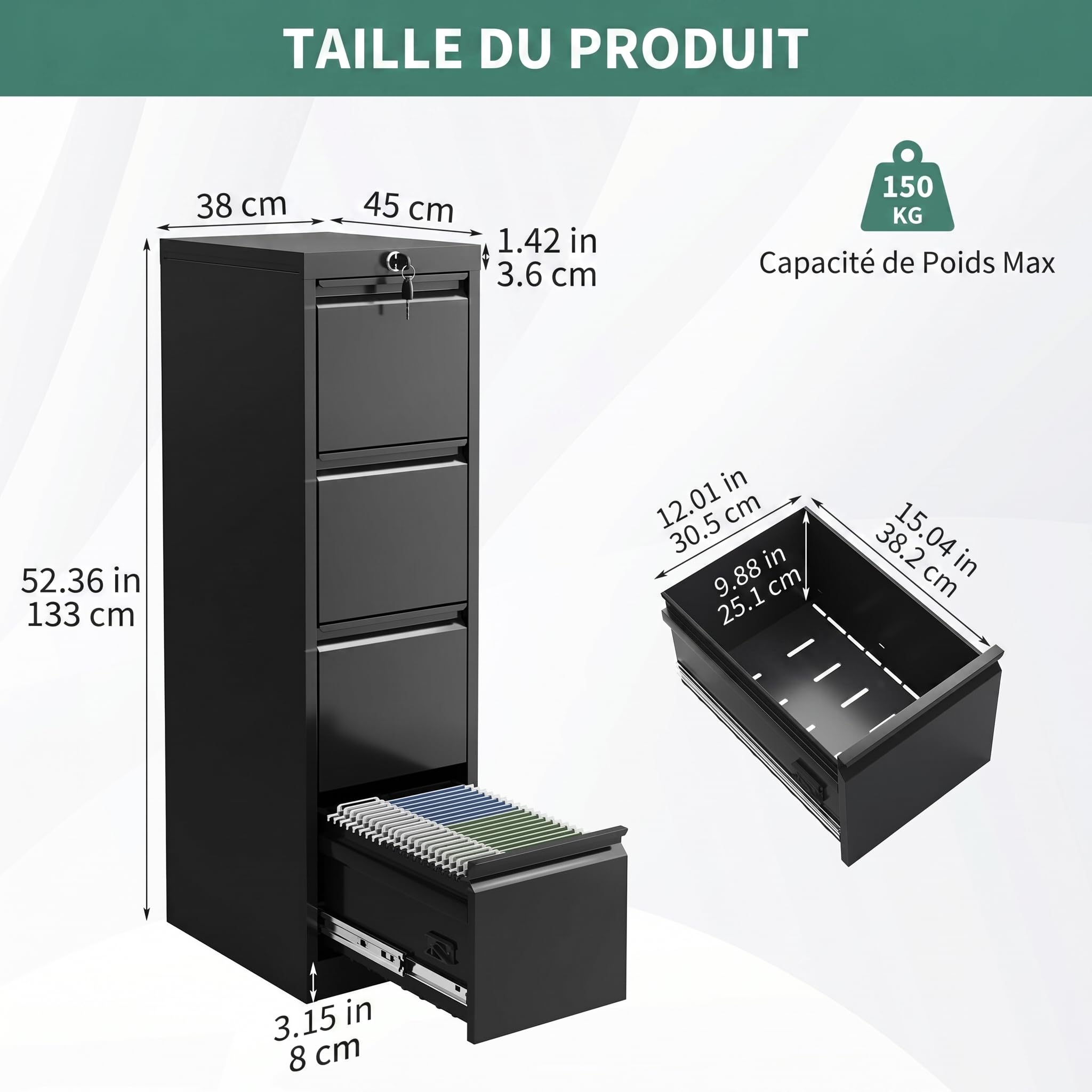Garvee Classeur à dossiers métallique 4 tiroirs sécurisé – Rangement Vertical Robuste pour Documents A4/Légal/Lettre/F4 – Idéal Bureau – Serrure intégrée – Couleur Noire