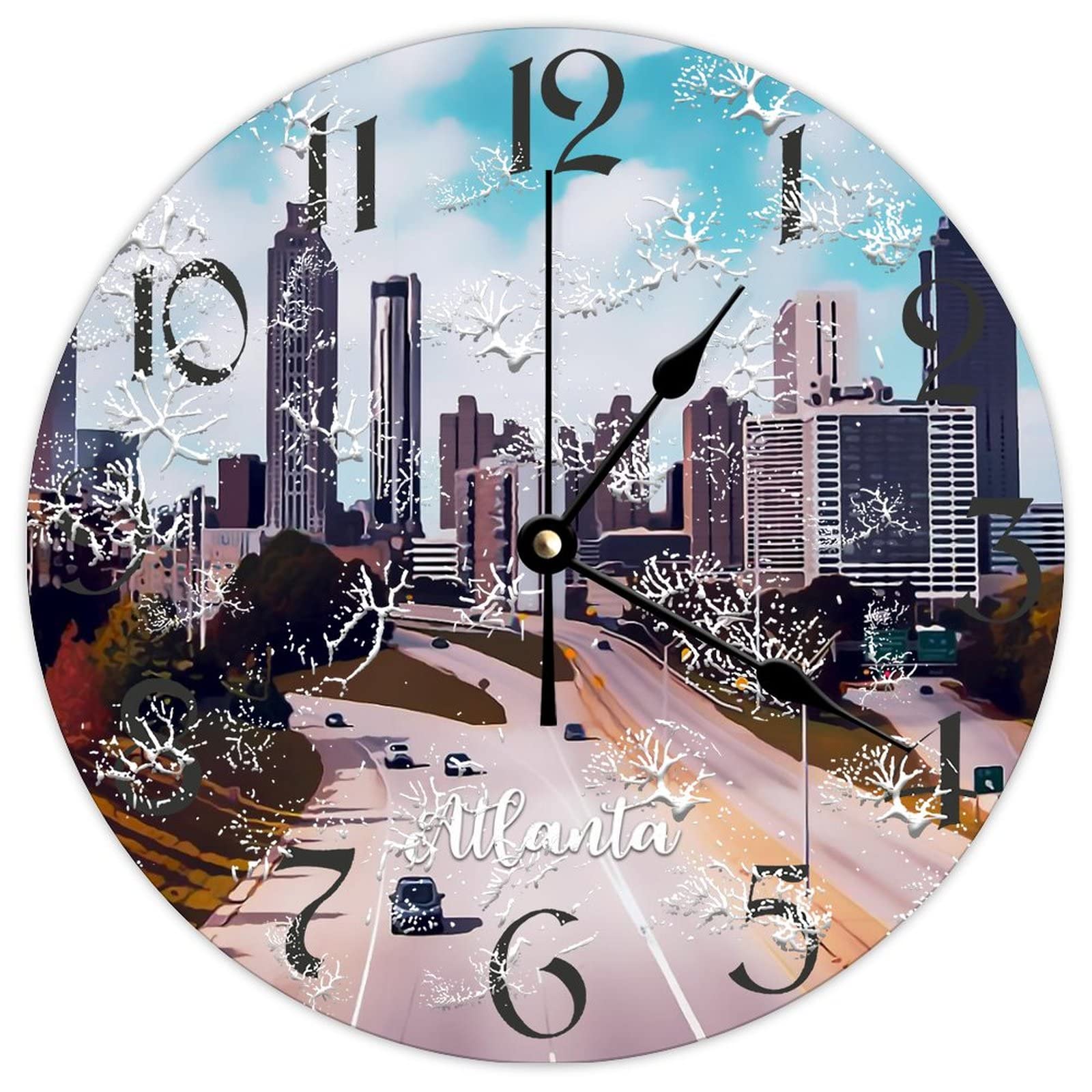 Horloge murale silencieuse Atlanta City en bois pour chambre d'enfant sans tic-tac