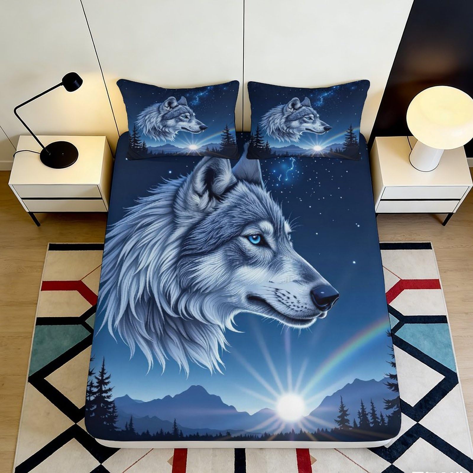 3D Printed Wolf Night Fitted Sheet Microfiber Soft Durable Starry Sky Bed Cover for Bedroom Dormitory Guest Room Mattress Protection Decoration 120x200x25cm