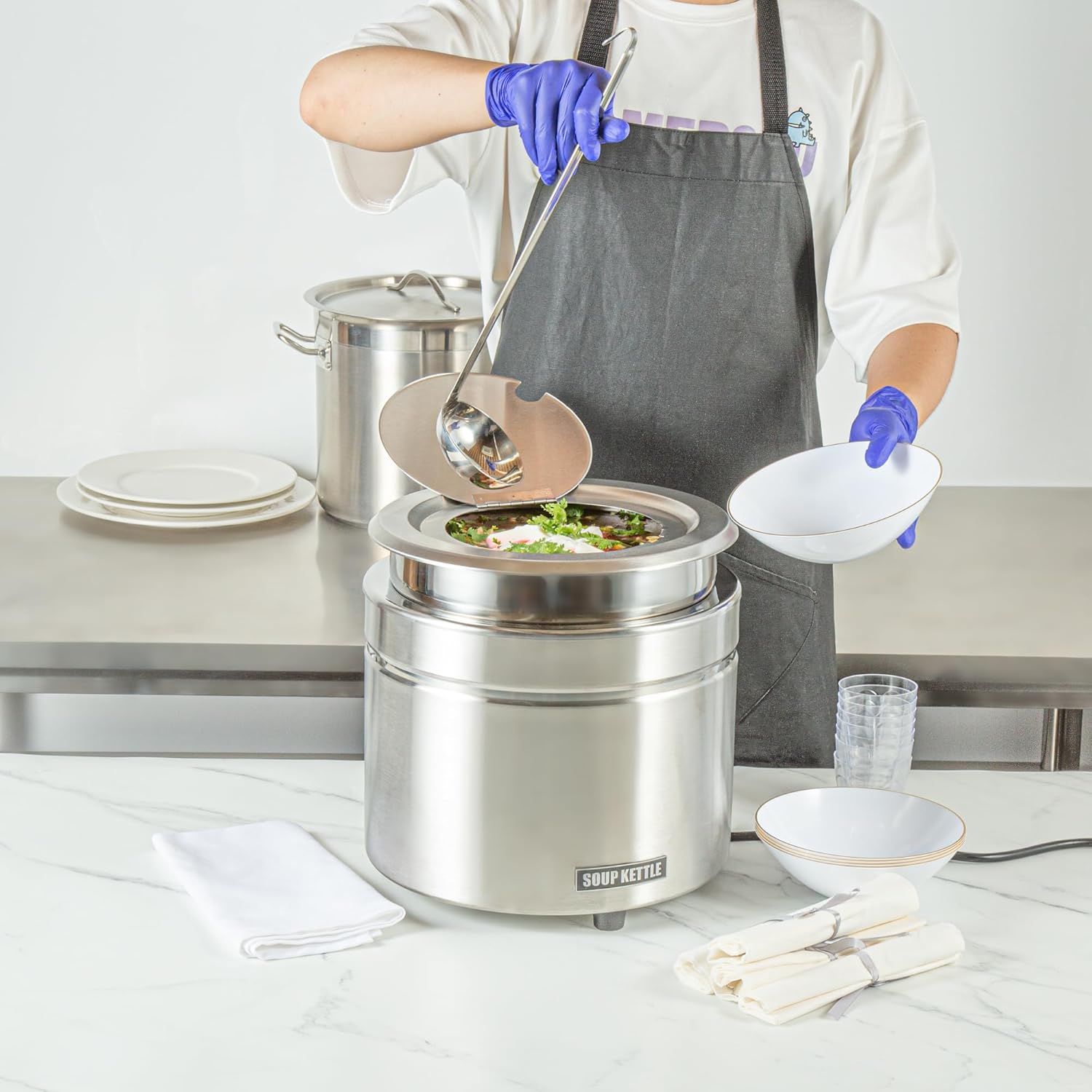 Restaurantware-Hi Tek 11 Quart Countertop Food Warmer, 1 Electric Soup Warmer - Detachable Pot Insert, Temperature Control Knob, Stainless Steel Soup Kettle with Hinged Lid, for Catering Or Buffet