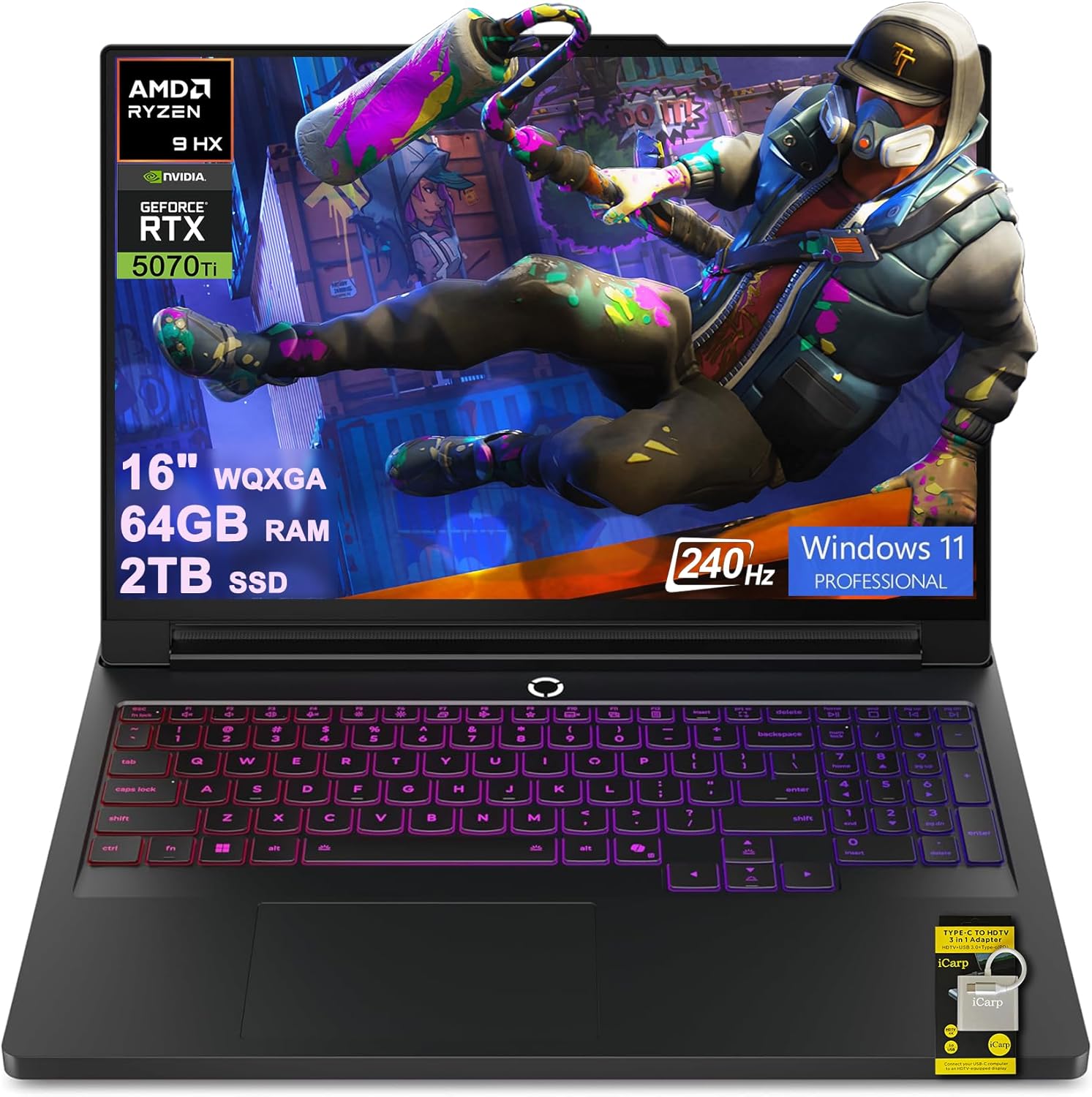 Lenovo Legion Pro 7 Gaming AI Laptop 16" WQXGA 2560x1600 OLED 240Hz AMD 16-core Ryzen 9 9955HX 64GB RAM 2TB SSD GeForce RTX 5070 Ti 12GB (Up to 992 AI Tops) Per-Key RGB Backlit Win11Pro ICP Hub