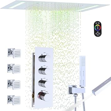 Full Body Spray Shower System Thermostatic Faucets Set, 20x14in LED Rainfall Shower with Remote, 4 Body Jets with Shut-off & 2-in-1 Handheld, Luxury Chrome Shower Faucet Set for 2 Person