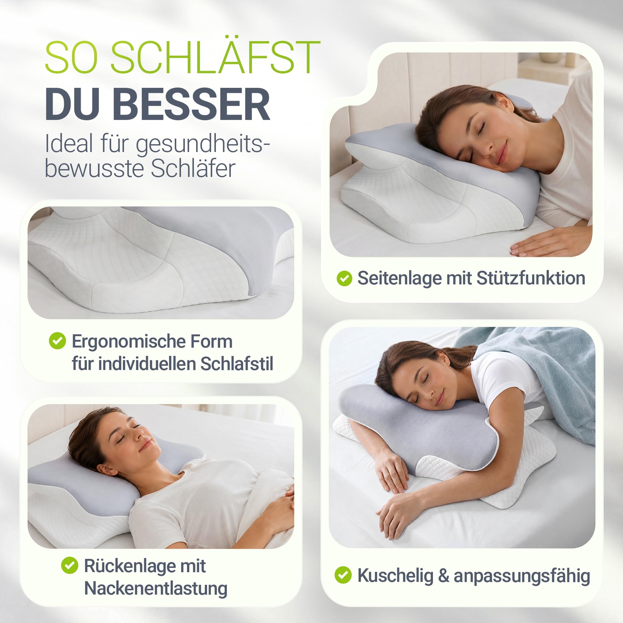 Juskys Nackenkissen 1er Set - Ergonomisches Kopfkissen mit Memory-Foam, atmungsaktivem Bezug - Kissen für den Nacken, gesunder Schlaf - weiß/grau