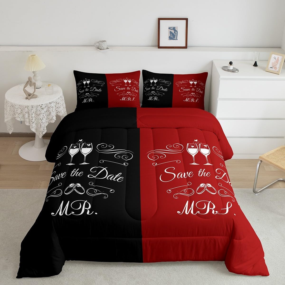 Erosebridal Black and Red Comforter Set, Mr and Mrs Couple Bedding Glasses of Champagne and Wedding Ring Duvet Set Full Size Gifts for Wife Husband Wedding Anniversary, Valentines Day, Birthday