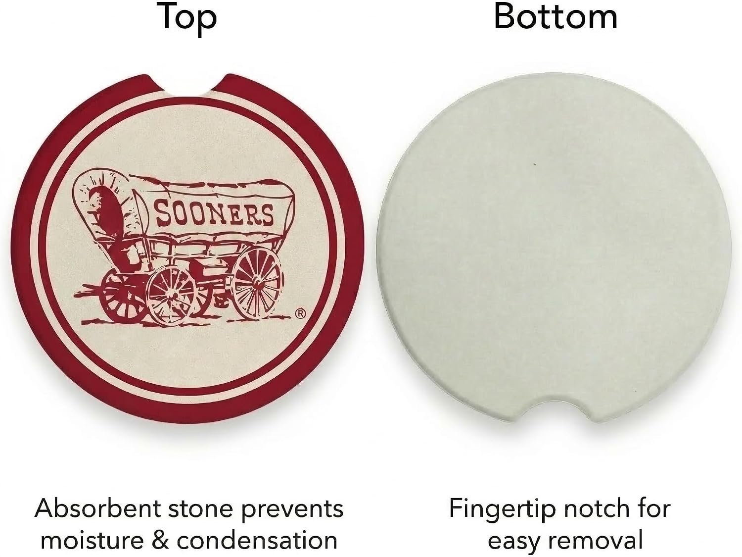 Magnolia Lane University of Oklahoma Set of 2 Car Coasters - Absorbent Ceramic Stone for Cup Holders - Features “Sooner Schooner” and Finger Notch for Easy Removal - Gift for Students and Graduates