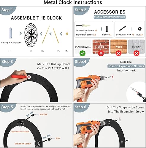Miniatura 6 de SIGNLEADER Reloj de pared de metal, arte de pared, funciona con pilas, diseño cuadrilátero en negrita, con números romanos, escultura de pared,
