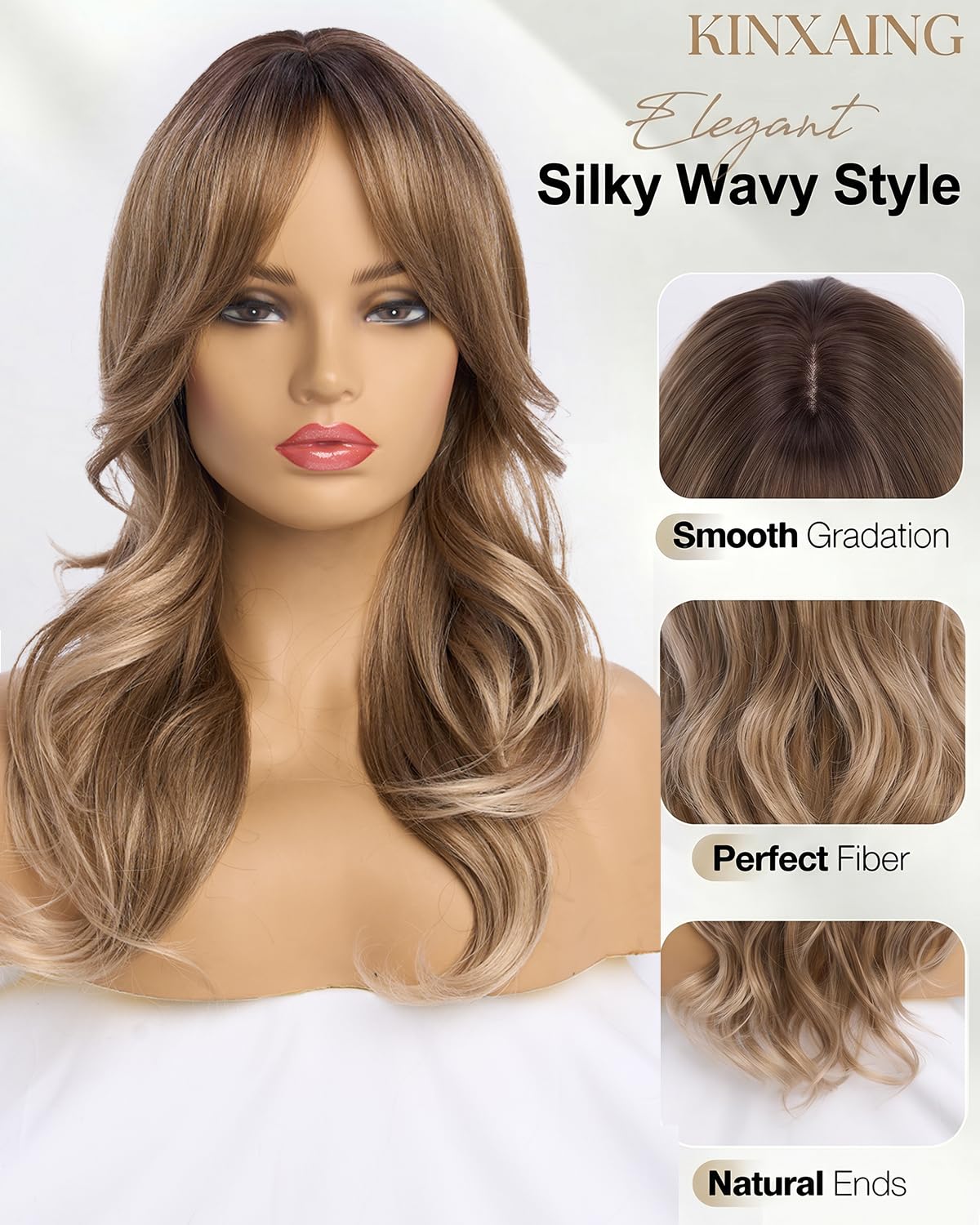 Ombre Blonde Wavy Wig with Curtain Bangs Long Layered Synthetic Dark Blond Hair Wig for Women, Natural Looking Dark Root Heat Resistant Wig, Soft Thick Full Wig for Daily Wear Party Cosplay