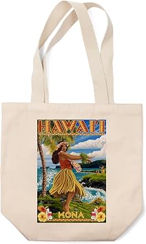 Lantern Press Kona, Hawaii, Hula on Coast 100% Cotton Canvas Reusable Tote Bag