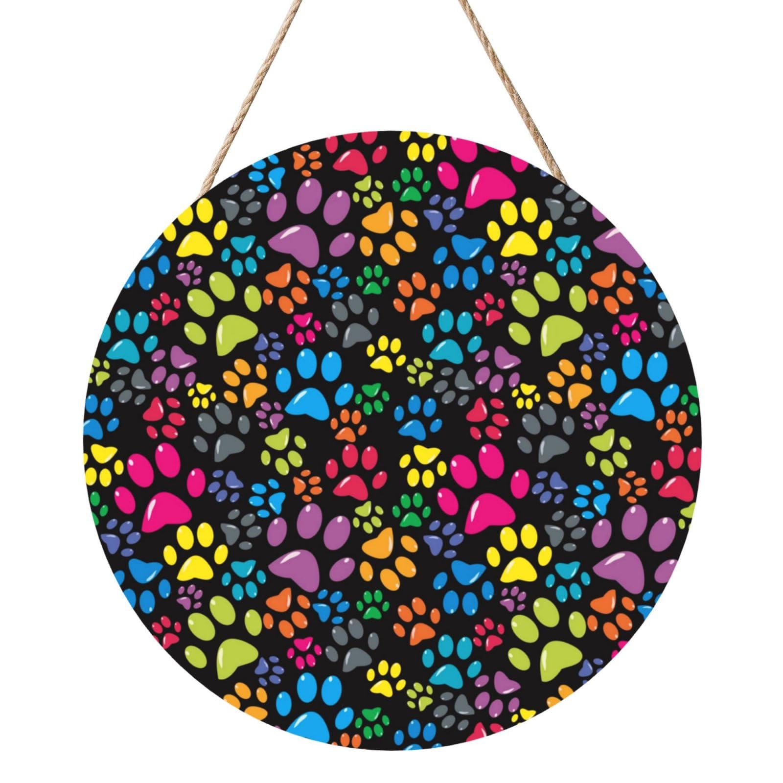 InOmak Colorful Dog Paw, Round Wood Panel Painting 12 in, Wall Hanging Painting For Home