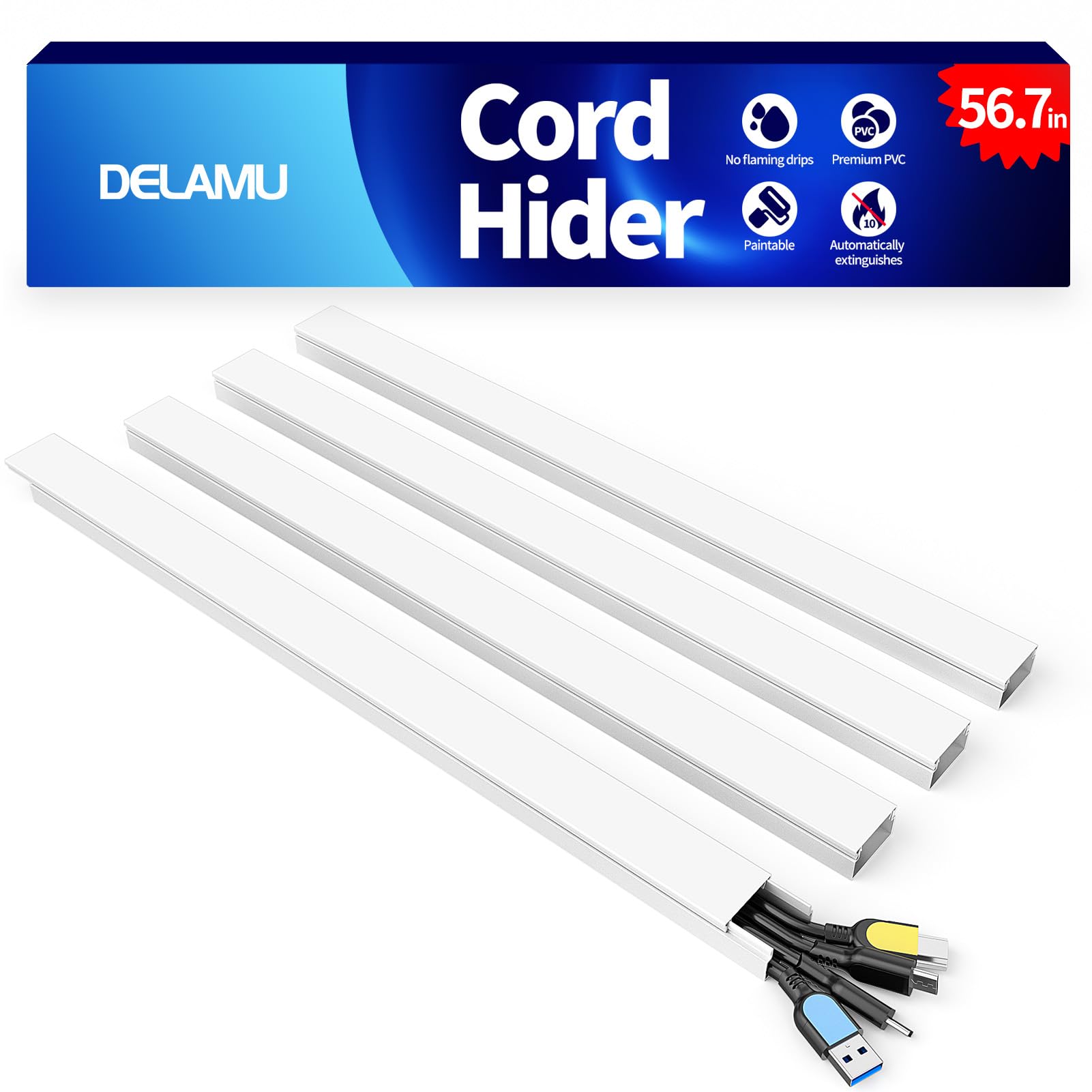 Delamu 56.7in Cord Hider, Wire Covers for 3-4 Cords on Wall, Premium Cable Hider