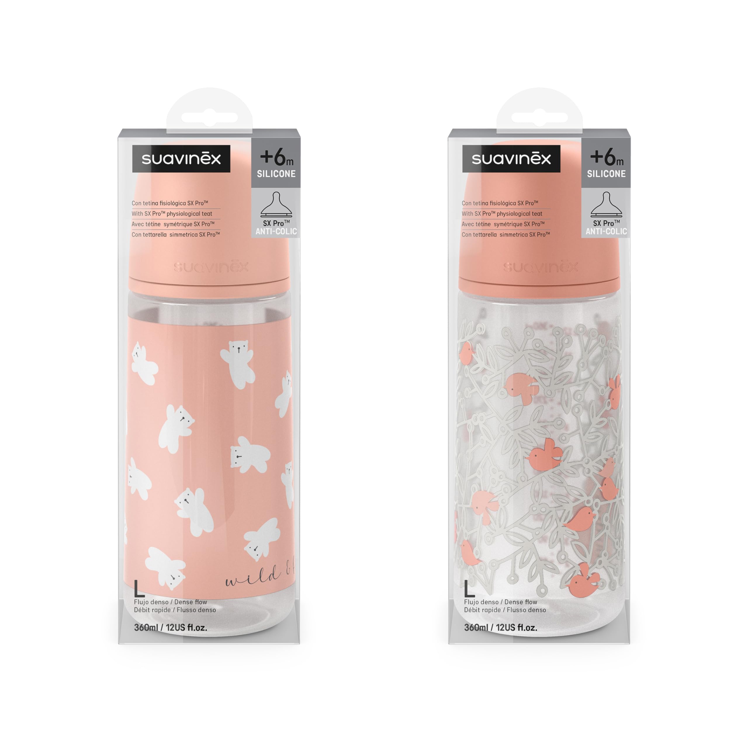 Suavinex, Confezione da 2 Biberon da 360 ml, Tettarella Fisiologica SX Pro in Silicone con Valvola Anticolica, Flusso Denso (L), Adatto per Pappe Liquide. ​​Neonati +6 Mesi. Birdies e Wild&Free, Rosa