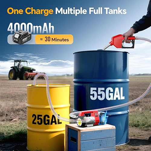 Miniatura 3 de Bomba de transferencia de combustible alimentada por batería, kit de bomba eléctrica de 12 GPM con batería de 21 V 4.0 Ah y cargador, bomba