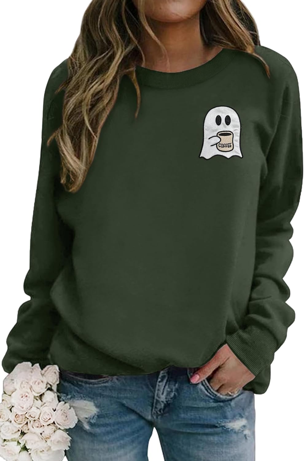 PECHAR Halloween Sweatshirts for Women Cute Spooky Coffee Sweatshirt Ghost Embroidered Sweater Fall Pumpkin Pullover Top