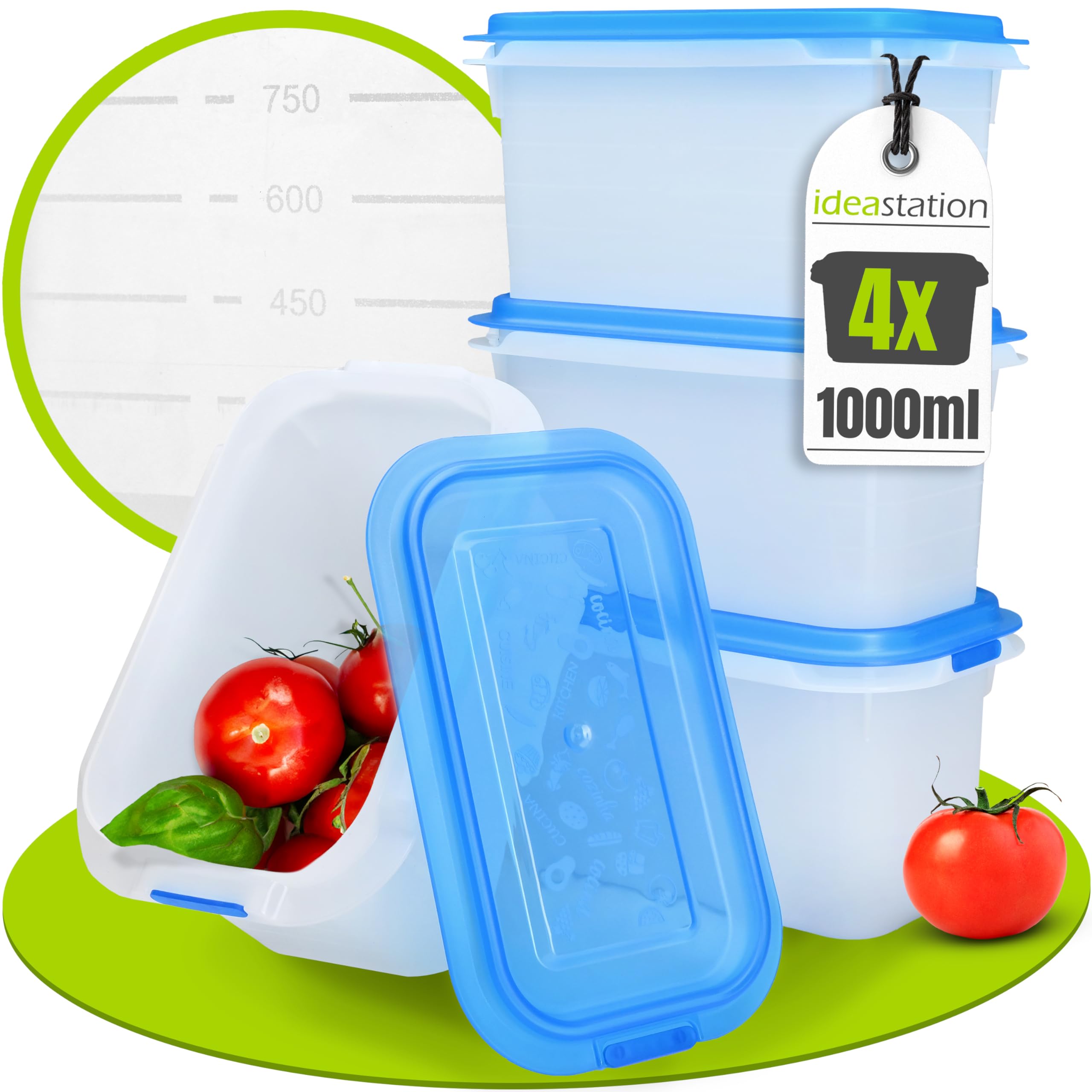 idea-station food storage containers 4 pieces - 1000 ml - stackable freezer storage boxes - shatterproof plastic food containers with lids - food-safe and BPA-free