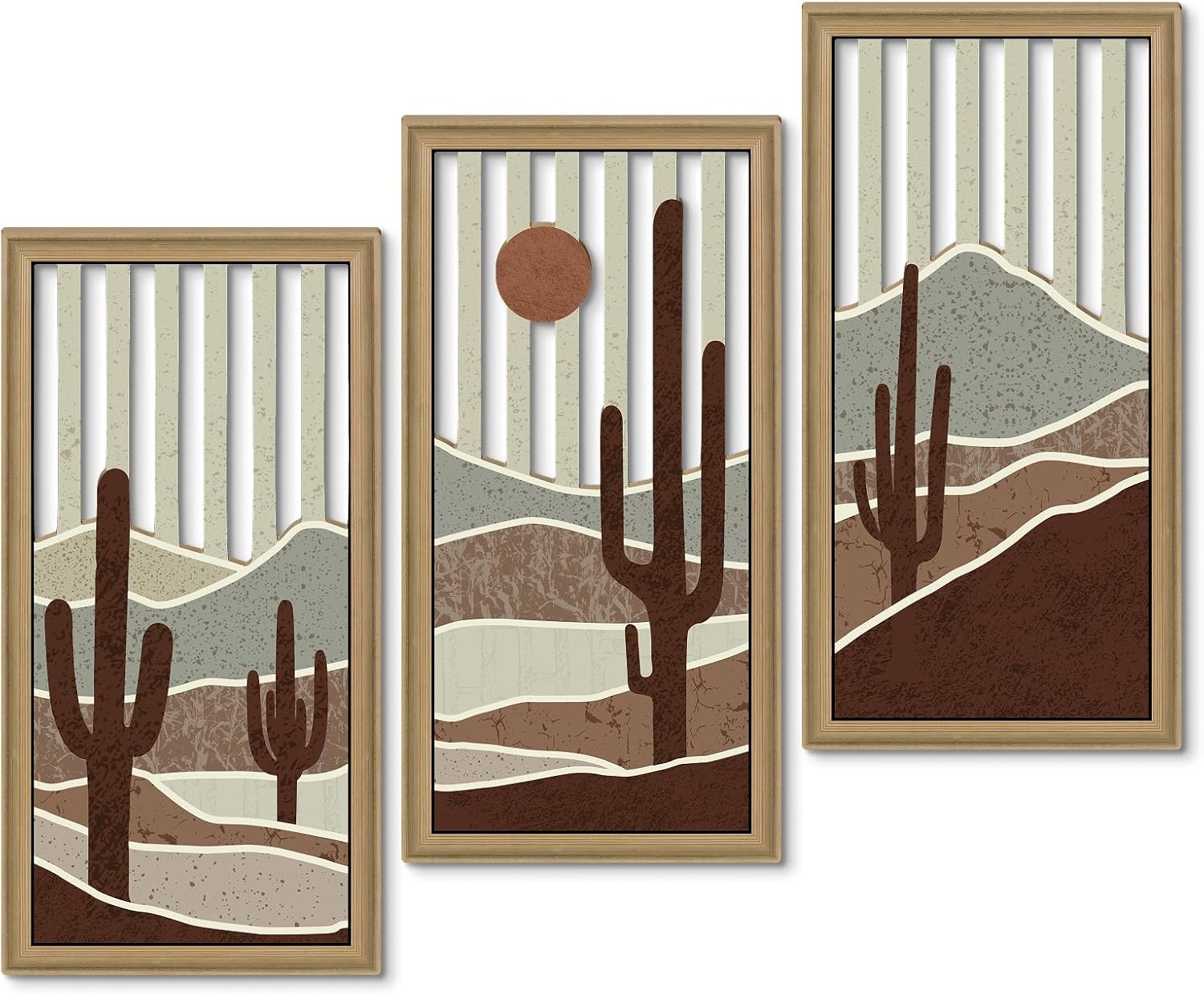 Putuo Decor Western Style Framed Wall Art Set of 3, Abstract Desert Cactus Cut-Out Panels in Earth Tone, Rustic Western Home Decor for Living Room Bedroom and Office Wall Decoration