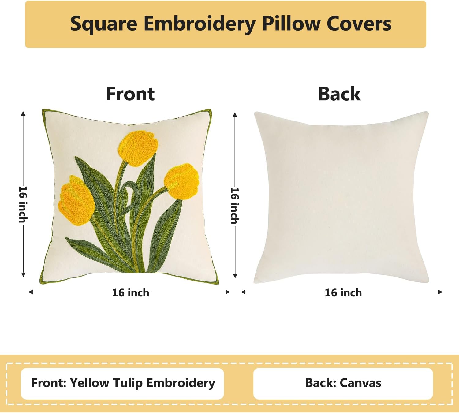 Spring Pillow Covers 16x16 inch Pack of 2 Yellow Tulip Flower Embroidery Throw Pillow Covers Square Farmhouse Floral Summer Decor Pillow Case for Couch Cotton Canvas Cushion Cover