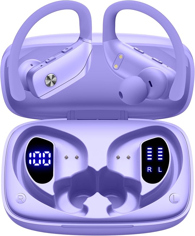 bmani Ear Buds Wireless Earbuds Bluetooth Headphones with 80H Playtime LED Display Case, Over-Ear Hook with Mic, Stereo Sound, Easy Button Controls, Sports Earphones for Running Workout Gym Purple