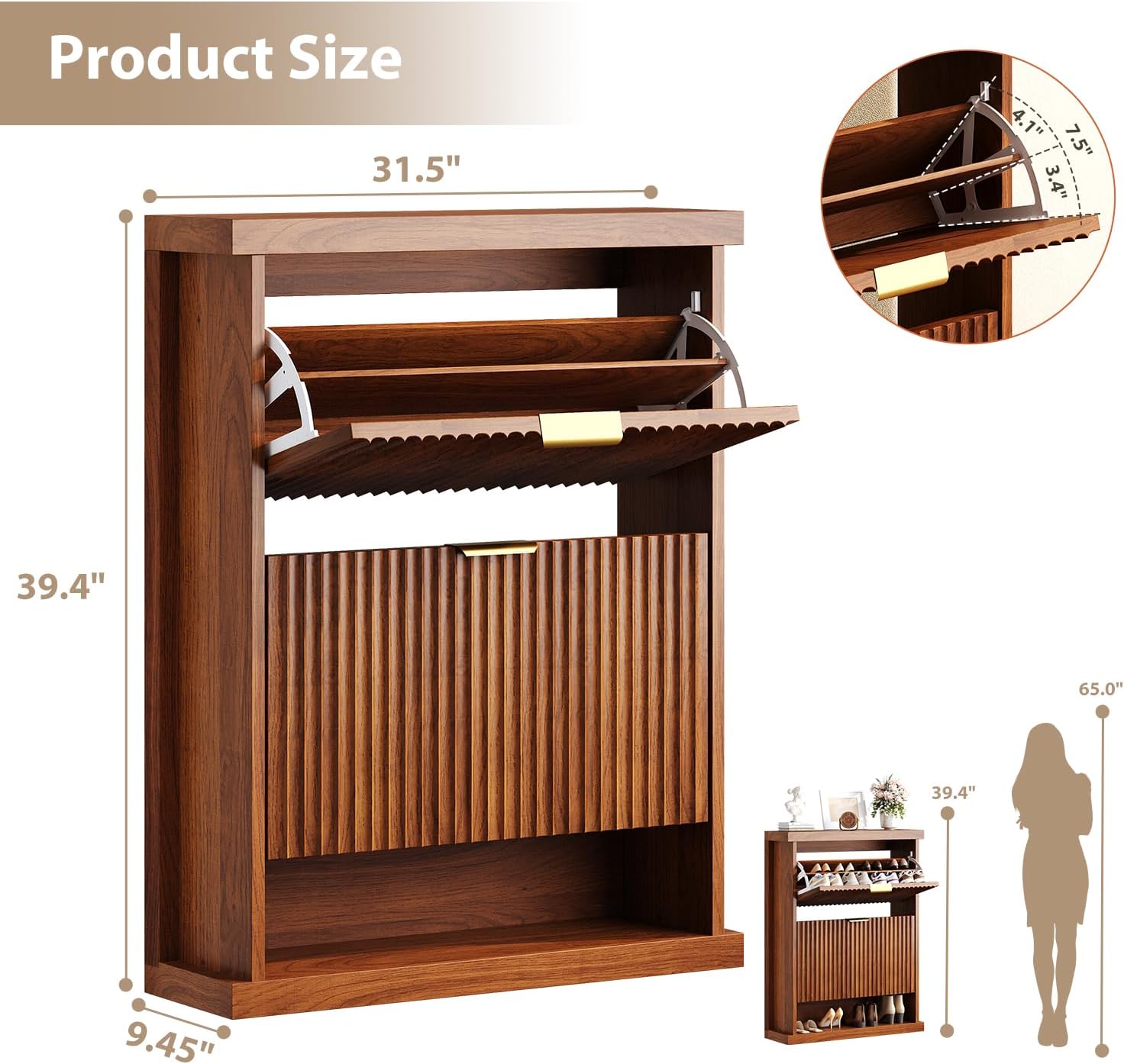 knoworld Walnut Shoe Cabinet Storage for Entryway,2 Flip Drawers with Toe Kick Space,Narrow Wood Fluted Shoe Rack Cabinet,Fluted Slim Shoe Cabinet for Foyer,Hallway