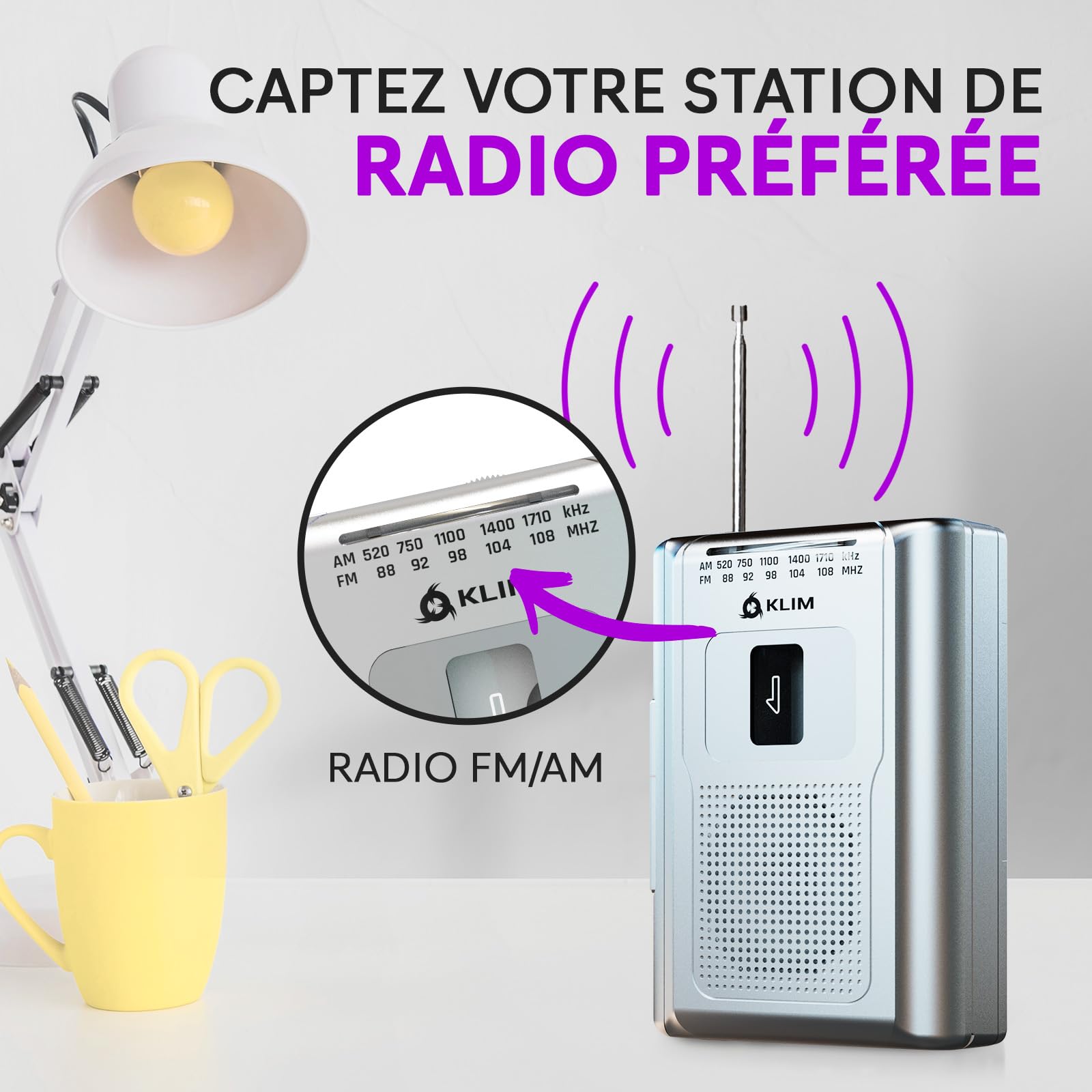 KLIM K8 Lecteur Cassette Audio - Enregistreur Cassette - Nouveau Player - Radio AM/FM - Microphone et Haut-Parleur Intégrés - Prise Casque et Écouteurs - Argent