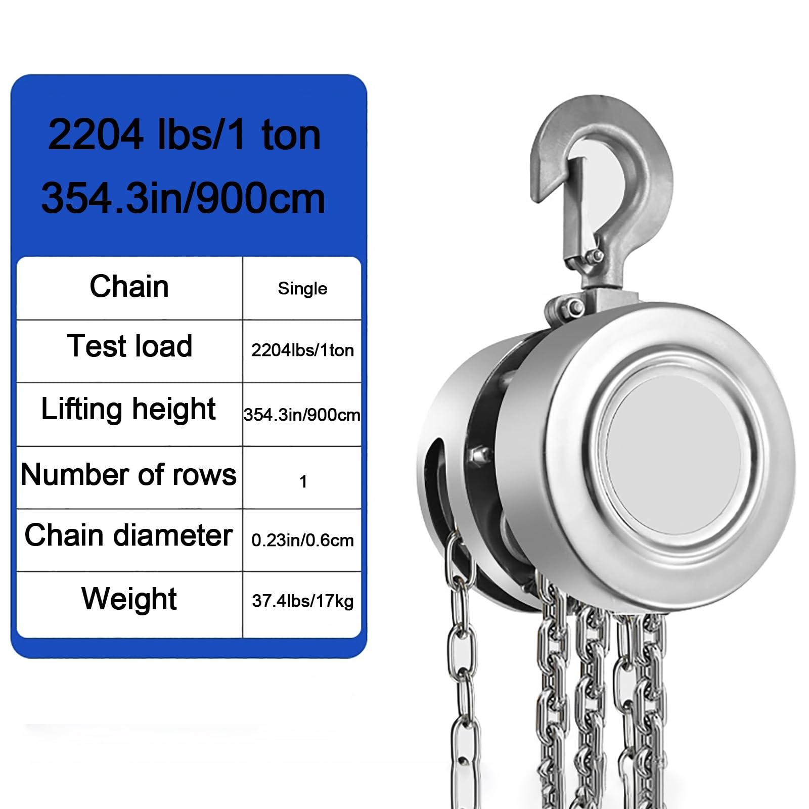 Manueller Kettenzug aus Edelstahl 304, Kompakte Heberolle, 360°-Drehhaken, für Den Einsatz Im Baugewerbe, Lager und in der Werkstatt(354.3in/900cm)